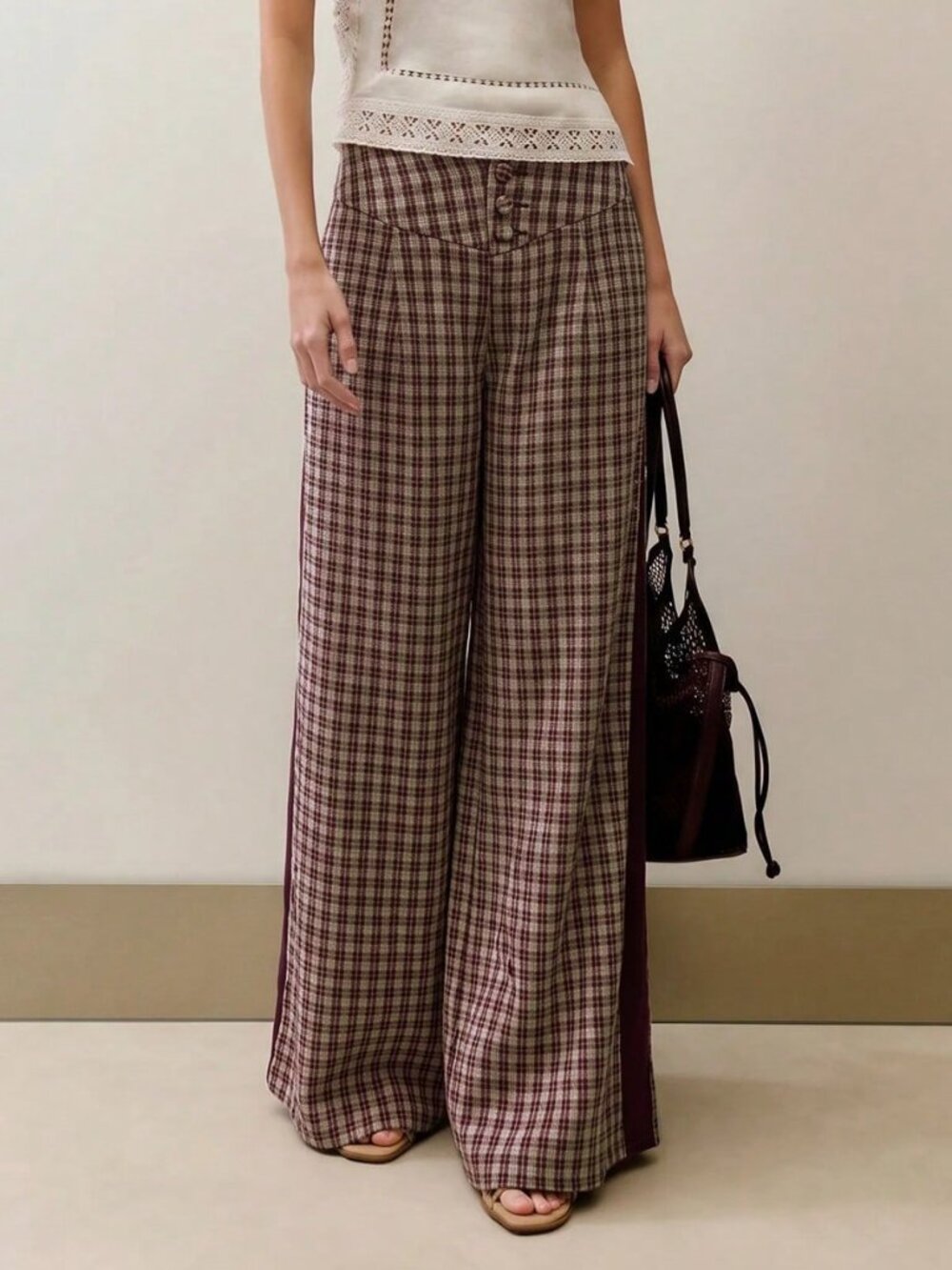 Brown Casual Women's Plaid High Waisted Wide-Leg Relaxed Fit Loose Trousers
